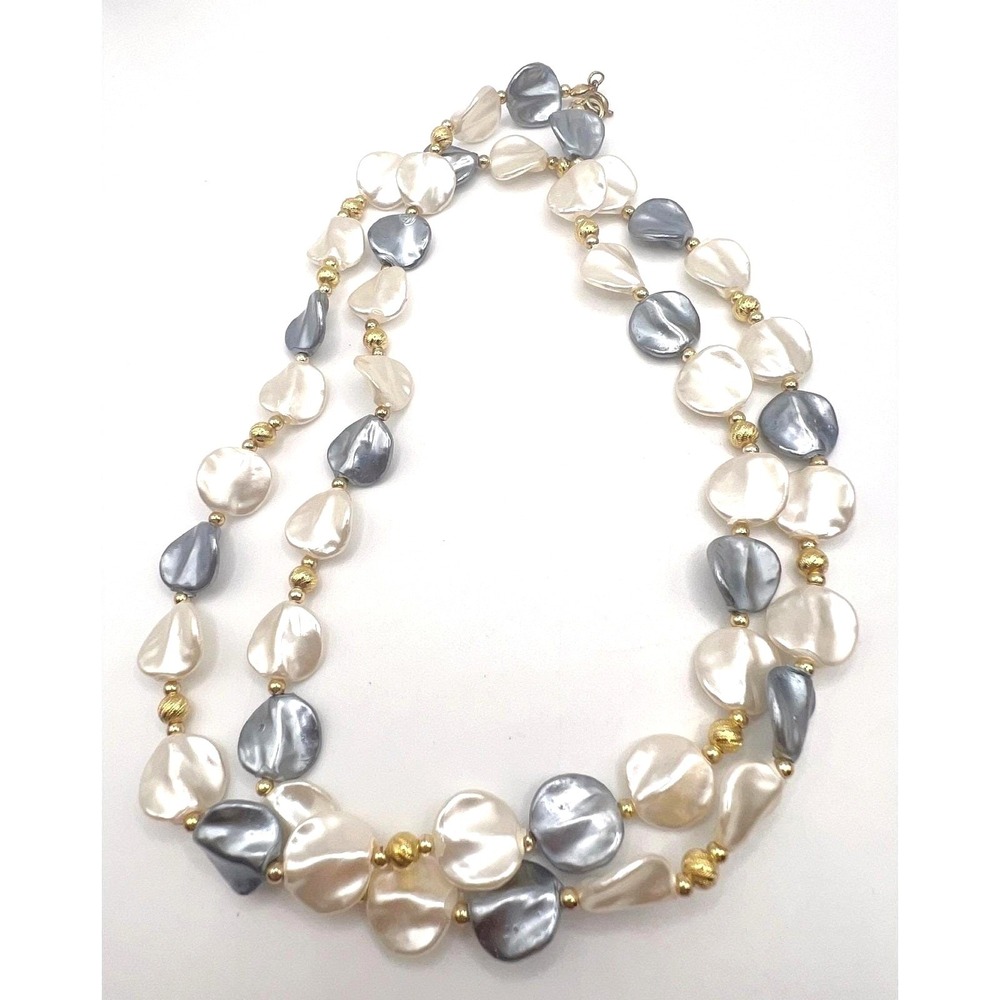 Long 28" Gray Cream Faux Pearl Gold Tone Statement‎ Necklace